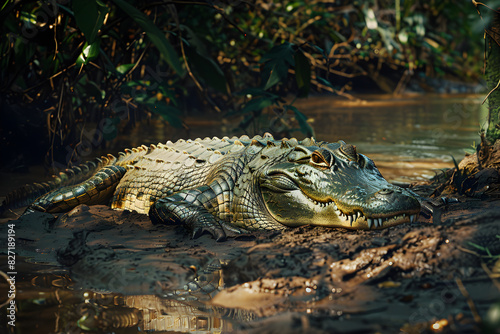 Wild Crocodile Sunbathing on Riverbank, Displaying Majestic and Predatory Features in Natural Habitat © Floyd