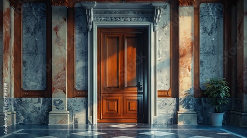 Illustrate a majestic, ornate door ajar in a modern, corporate setting using photorealistic digital techniques photo
