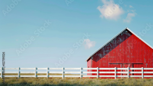 Rustic Red Barn  White Fence  Countryside Landscape  Close-up View