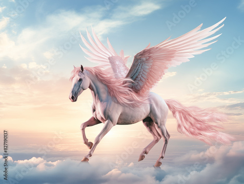 A Skeletal Pegasus With Translucent Wings  Soaring In A Cloudy Sky With Rays Of Light Piercing Through On A Clean Pastel Light