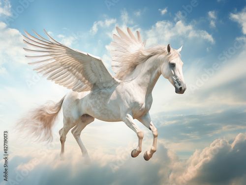 A Skeletal Pegasus With Translucent Wings, Soaring In A Cloudy Sky With Rays Of Light Piercing Through On A Clean Pastel Light