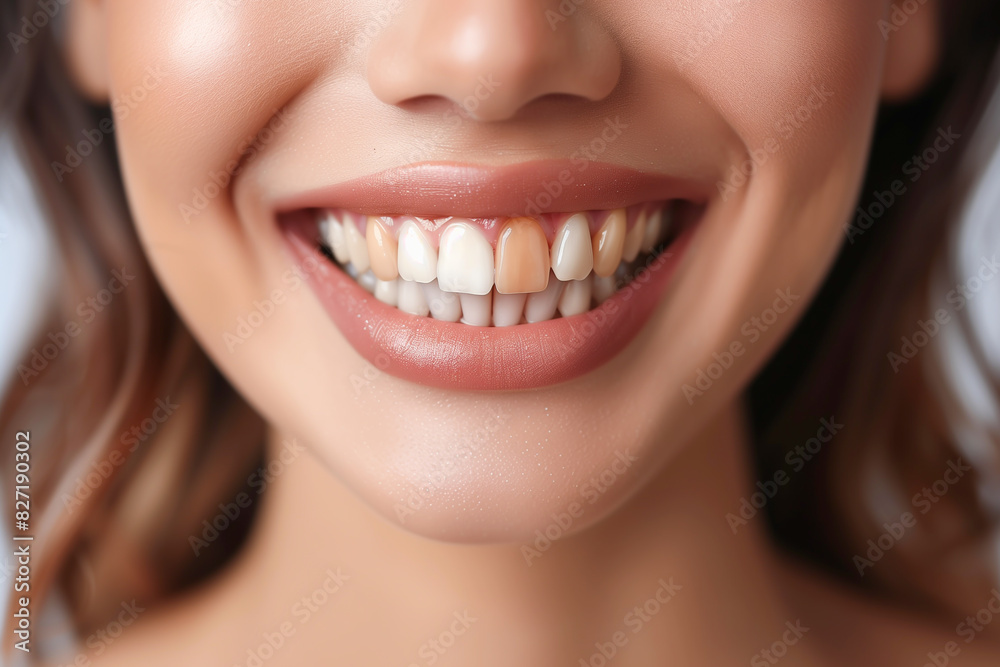 Close-up collage of a beautiful woman, smiling with white, beautiful teeth, depicting the concept of oral and dental care Close-up collage of a beautiful woman, smiling with white, beautiful teeth, depicting the concept of oral and dental care
