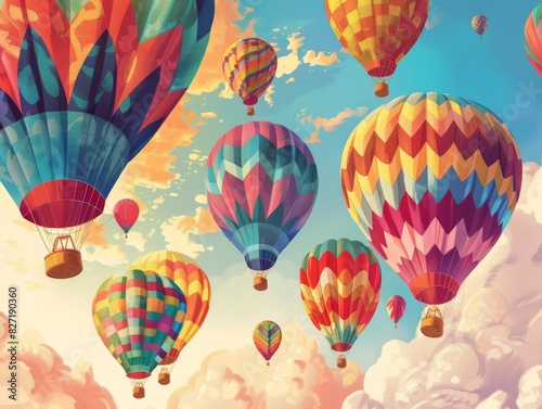 Illustrate a side view scene of colorful hot air balloons with uplifting typography woven between them, using whimsical fonts and vibrant hues