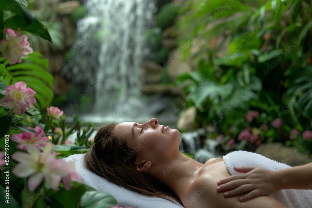 A woman receiving services at an Ayurvedic Spa massage center. Young woman enjoying massage therapy. Spa treatment. Woman enjoying massage in spa Centre. A woman receiving services at an Ayurvedic Spa massage center. Young woman enjoying massage therapy. Spa treatment. Woman enjoying massage in spa Centre.