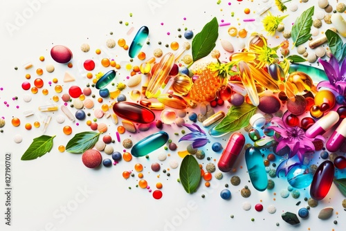 Illustrate a stunning, colorful array of various nutraceutical ingredients blending together harmoniously like a beautiful abstract painting
