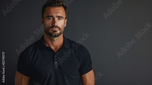 Adult thirties male bodyguard in black polo shirt, posing confidently on a plain backdrop photo