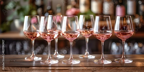 Display of Pink Wine Glasses on a Wooden Bar. Concept Home Decor, Party Decor, Glassware, Bar Accessories