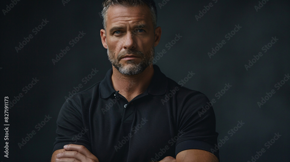 Adult thirties male bodyguard in black polo shirt, posing confidently on a plain backdrop Adult thirties male bodyguard in black polo shirt, posing confidently on a plain backdrop