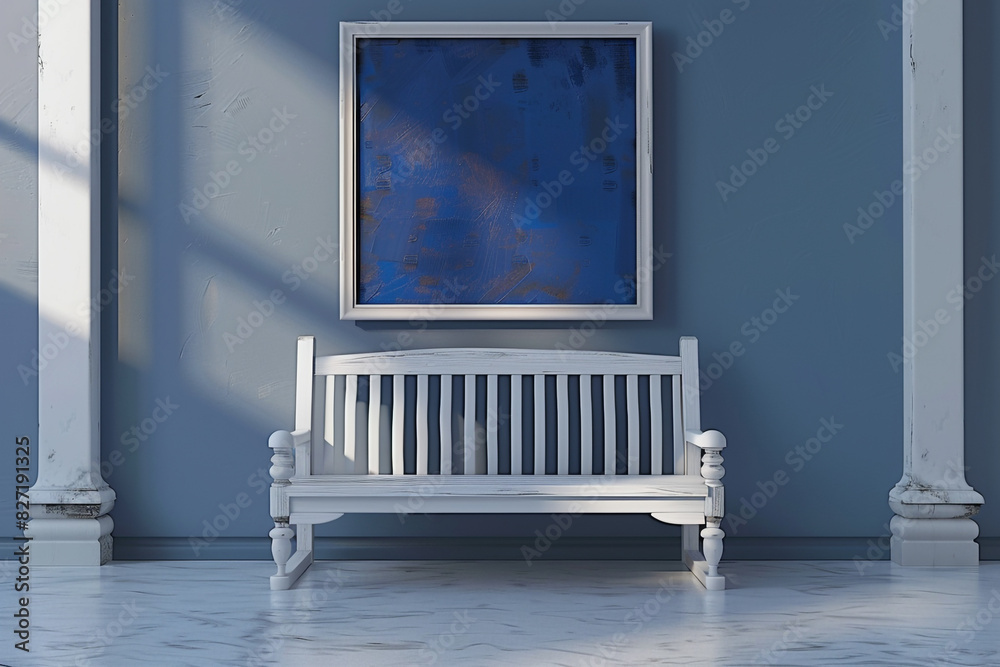 Fototapeta premium Art gallery with a white wooden bench and blank indigo frame at dawn, 3D render
