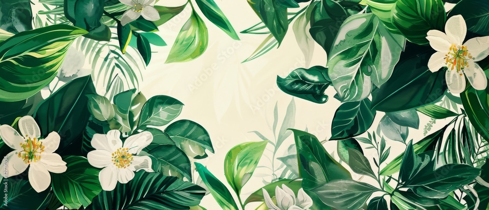 Illustrate a vibrant, botanical-themed label for a plant-based skincare product, featuring lush green leaves and delicate floral elements in watercolor style Illustrate a vibrant, botanical-themed label for a plant-based skincare product, featuring lush green leaves and delicate floral elements in watercolor style