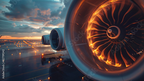 Aircraft engine turbine close-up against a twilight background photo