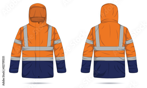 Hi Vis hooded jacket mockup front and back view