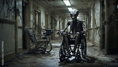 A alien skeletal creature with a ghastly grin sits unnervingly in a wheelchair, its bony hands gripping the armrests in an eerie, abandoned corridor.
