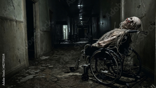  A horrifying, emaciated figure in a wheelchair grins menacingly in a dilapidated corridor, with an eerie lighting casting dramatic shadows.