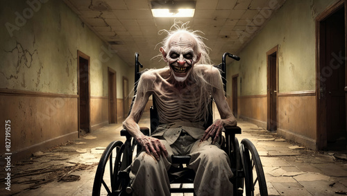  A horrifying, emaciated figure in a wheelchair grins menacingly in a dilapidated corridor, with an eerie lighting casting dramatic shadows.