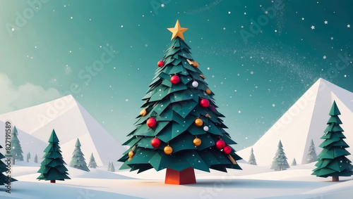 illustration with Christmas trees adorned with decorations in an imaginary landscape with a Christmas atmosphere