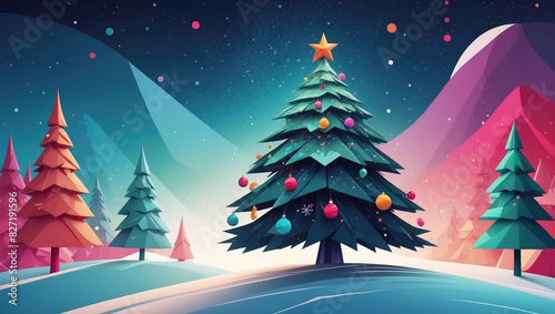 illustration with Christmas trees adorned with decorations in an imaginary landscape with a Christmas atmosphere