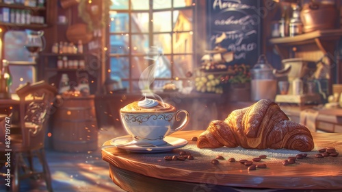 Illustrate a warm and cozy bakery setting from a worms-eye view photo
