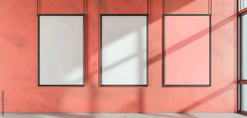 Fototapeta premium Three vertical frames mockup hanging on office wall, coral pink walls, modern concrete company interior, 3D rendering,