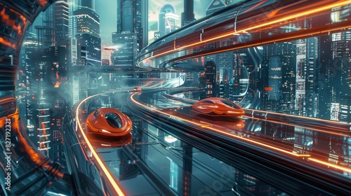 Illustrate Eye-level angle Mirrors reflecting a futuristic city skyline with hover cars zipping by in a photorealistic CG 3D style Highlight the synergy between advanced technology photo