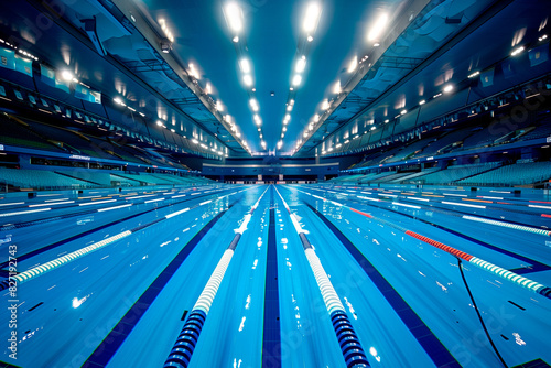 Spacious Olympic swimming pool illuminated by natural sunlight beams, creating a serene and reflective atmosphere.