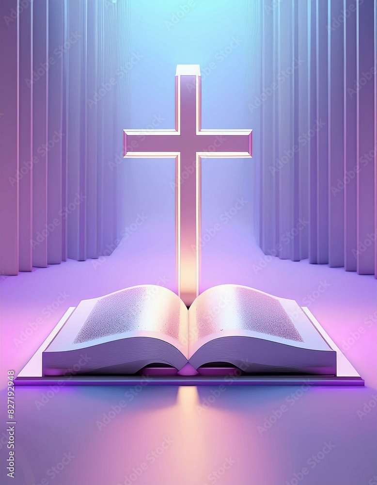 Christian Cross with Bible - Symbol of Christianity - Enlightening by Reading the Bible - Book of Christians - Cross symbol - Crucifixion of Jesus Christ - Holy Rays - Blessing from Above