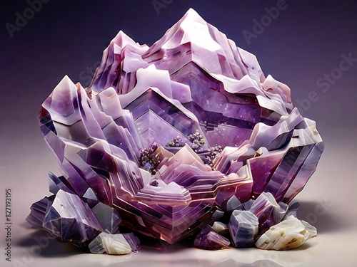 Create a holographic representation of lepidolite, abstracted into dynamic geometric forms and patterns that capture the lavender hues and flaky texture of this mineral. photo