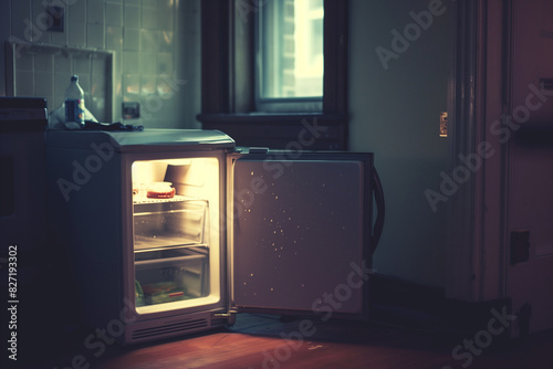 The empty mini fridge in the dorm room stood forlorn and unused, a silent reminder of late-night snack cravings photo