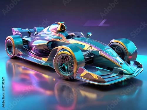 Sculpt a holographic representation of a Formula 1 car on track, abstracted into dynamic geometric forms and patterns that convey the aerodynamic design and high-speed performance of this racing vehic photo