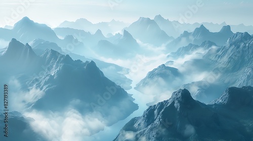 A mountain range with a river running through it and fog under a clear sky © Be Naturally