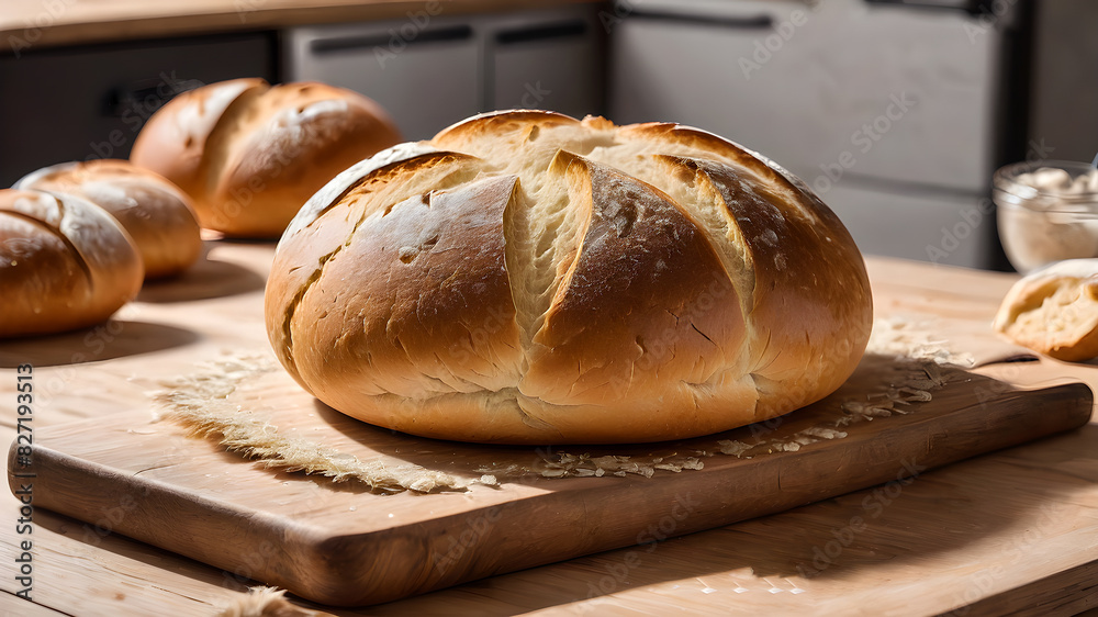 fresh round bread on the table. rustic freshly baked bread fresh round bread on the table. rustic freshly baked bread