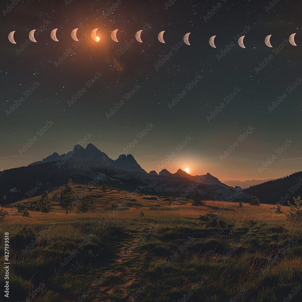 Naklejka premium Time-lapse photography of serene moon phases over a mountain landscape, showing the passage of time and the moon's tranquil influence