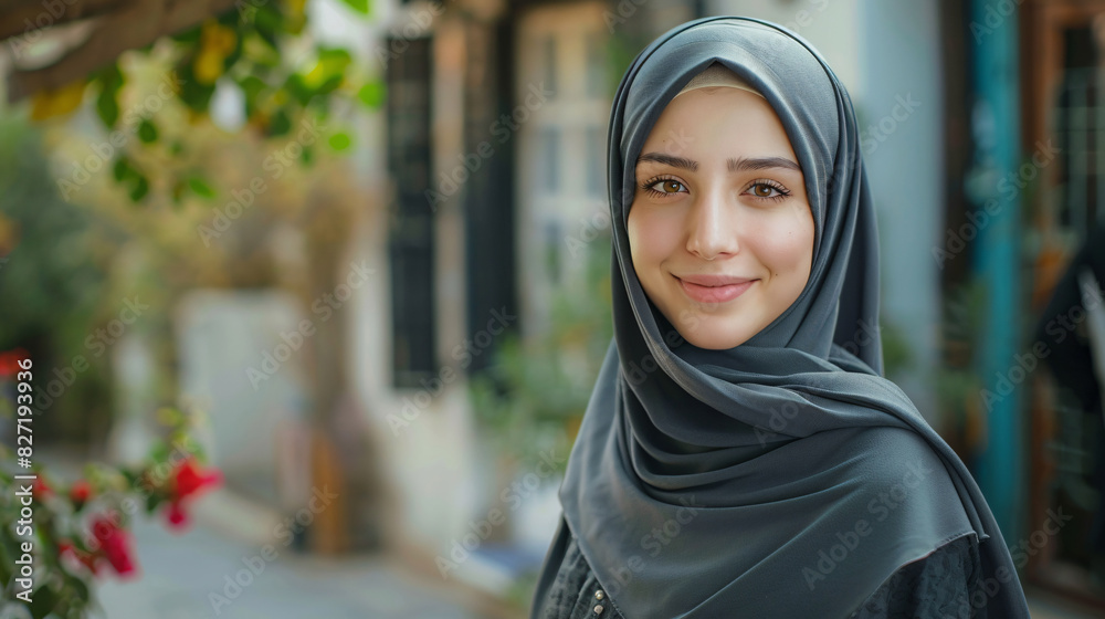 Middle Eastern woman in a headscarf, smiling brightly and standing in front of a house Middle Eastern woman in a headscarf, smiling brightly and standing in front of a house