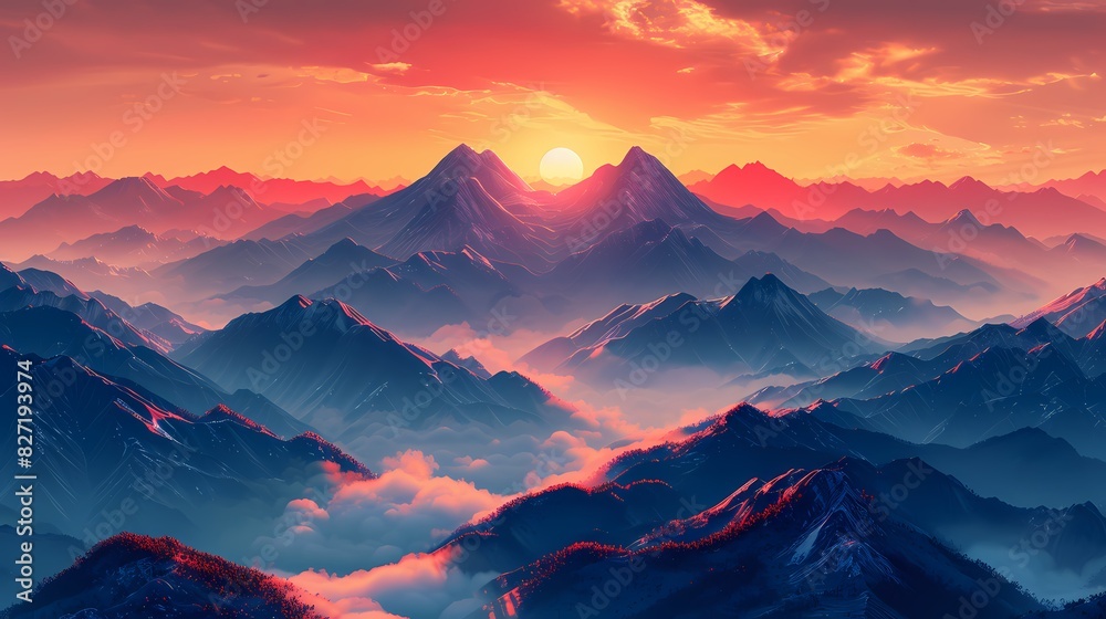 A serene mountain range bathed in the soft, warm light of sunrise with hues of orange and yellow