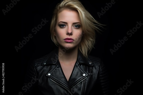 Studio portrait of punk looking woman with black leather jacket  blonde hair on black background