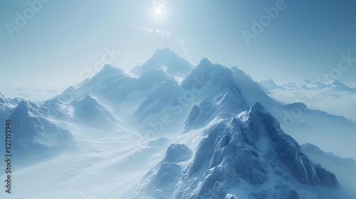 A mountain range with a glacier and clear sky