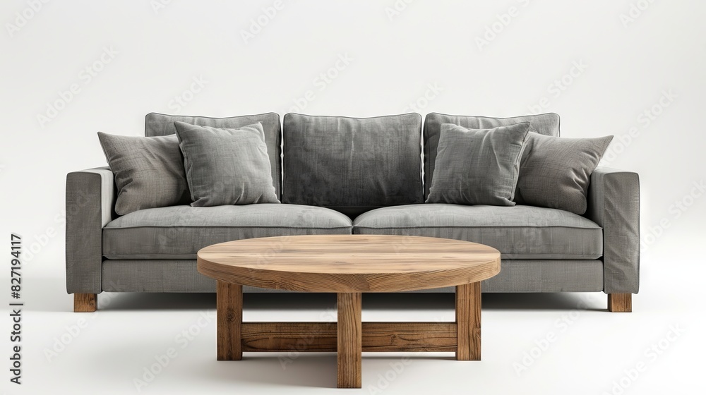 Fototapeta premium Grey Couch and Wooden Coffee Table