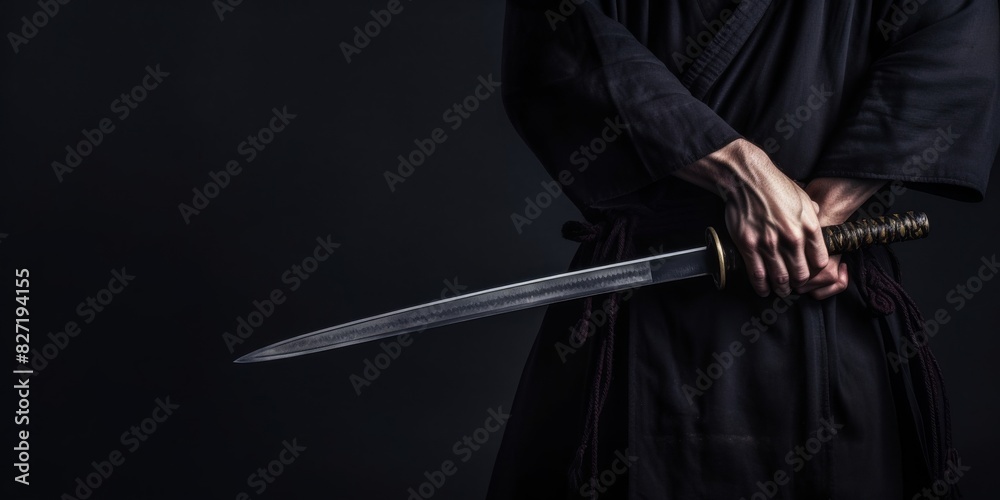 The samurai holding a Japanese katana sword, banner. Photo of a warrior dressed in black clothes in low key with copy space for text The samurai holding a Japanese katana sword, banner. Photo of a warrior dressed in black clothes in low key with copy space for text
