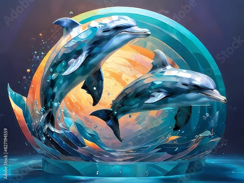 Visualize a holographic representation of a pod of dolphins, abstracted into dynamic geometric forms and patterns that convey their playful nature and synchronized movements. photo