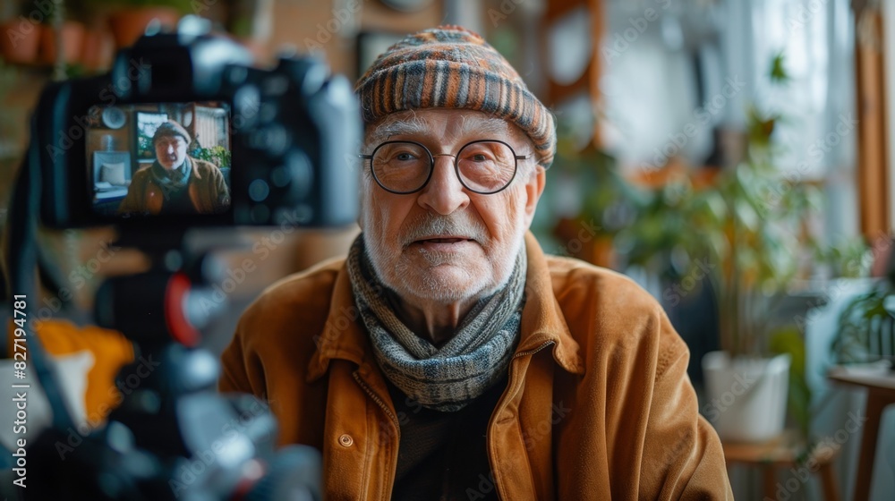 portrait of a Caucasian pensioner 70-79 years old recording a blog or video content while sitting in front of the camera while inside portrait of a Caucasian pensioner 70-79 years old recording a blog or video content while sitting in front of the camera while inside