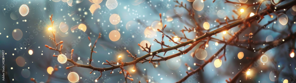 Fairy lights twinkling among branches in close-up view