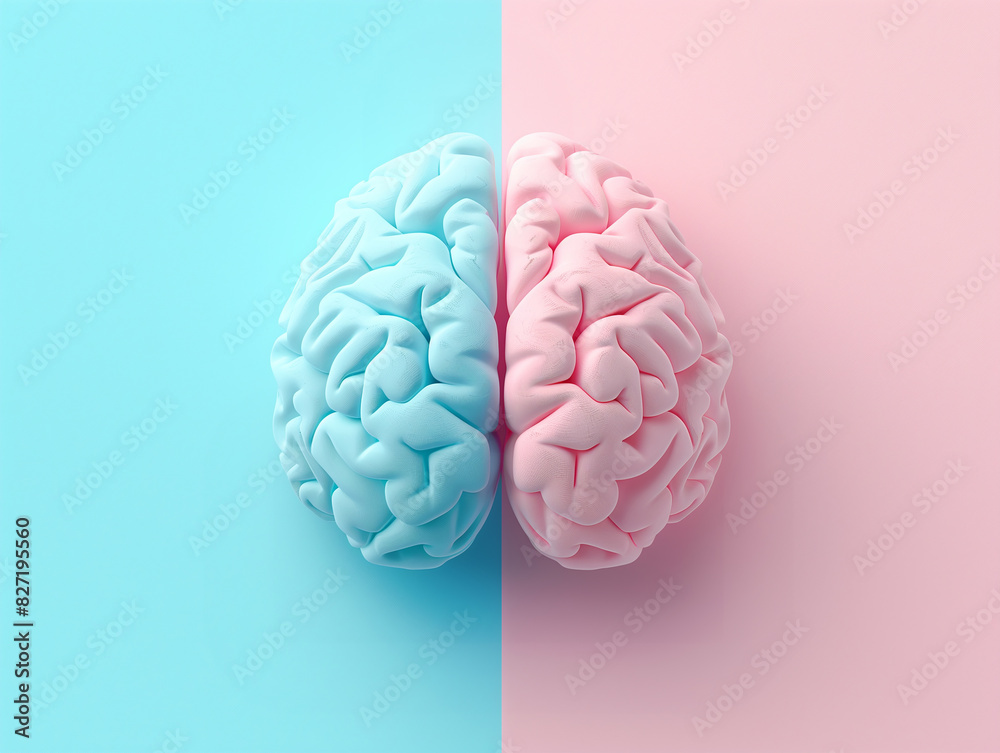 A conceptual image of the brain painted in blue and pink, symbolizing contrast and diversity in thought or gender differences. A conceptual image of the brain painted in blue and pink, symbolizing contrast and diversity in thought or gender differences.