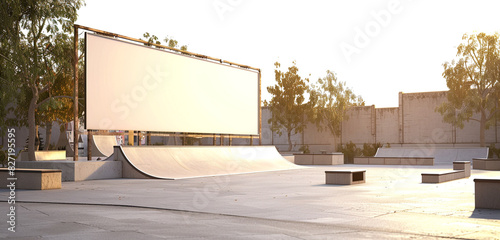 Modern skate park with a blank billboard, 3D rendered for youth-oriented ads, highlighted with a light border.