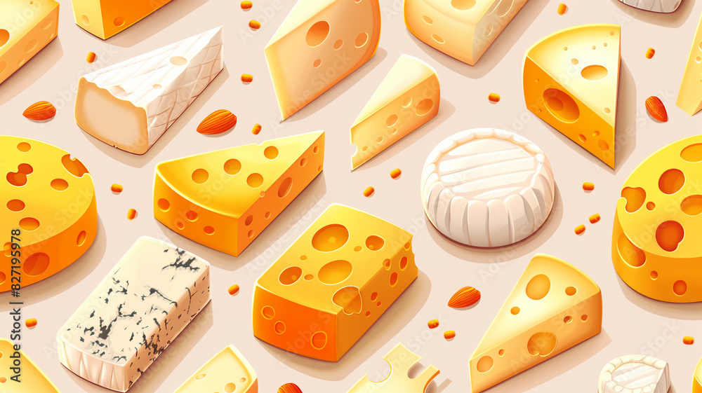 A variety of cheeses arranged in an artistic pattern, showcasing different textures, shapes, and colors on a light background. A variety of cheeses arranged in an artistic pattern, showcasing different textures, shapes, and colors on a light background.