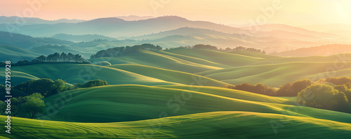 A serene landscape of rolling green hills illuminated by soft sunlight, creating a peaceful and picturesque view of nature at dusk.