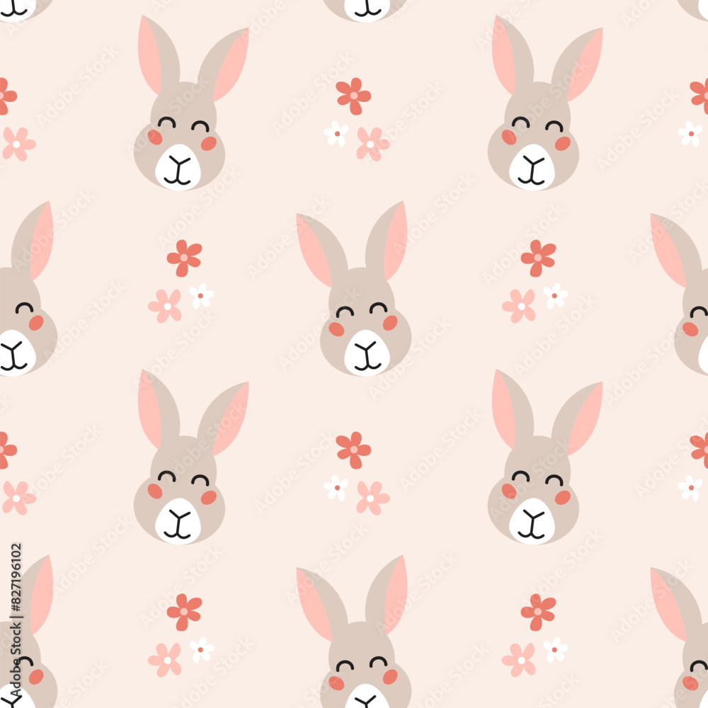 Seamless pattern with cute funny hare head and flowers on pink background. Kids design for print, textile, wrapping paper, wallpaper, nursery. Seamless pattern with cute funny hare head and flowers on pink background. Kids design for print, textile, wrapping paper, wallpaper, nursery.