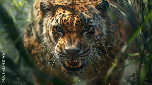 A fierce jaguar emerges from the jungle, its eyes narrowed and its teeth bared. It is a powerful and dangerous predator, and it is not to be trifled with. photo