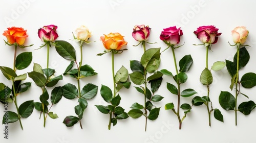 Colorful Varieties of Roses on White Background - Vibrant Blossoms in a Row for Floral Stock Photography
