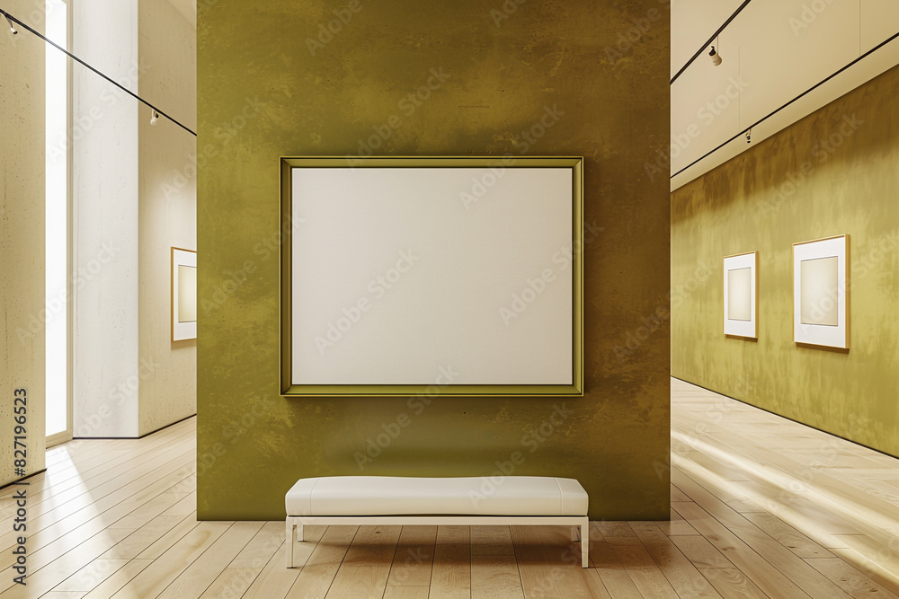 Morning ambiance in a gallery with a blank olive frame and white bench, 3D visualization