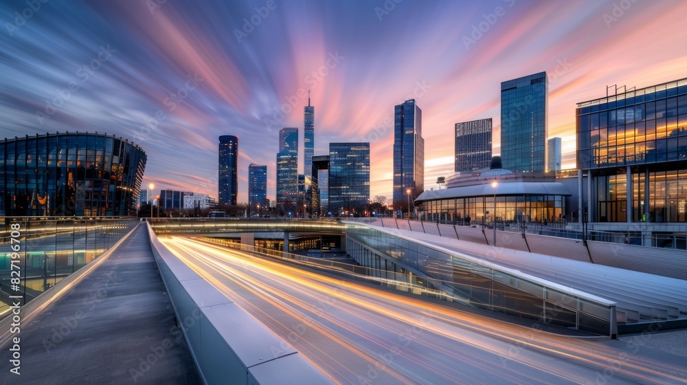 Modern City Skyline at Sunrise with Dynamic Light Trails and Contemporary Architecture Modern City Skyline at Sunrise with Dynamic Light Trails and Contemporary Architecture